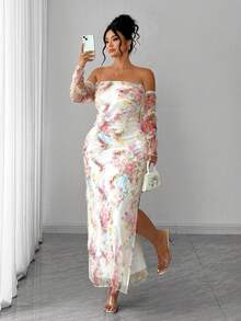 Elenzga Đầm maxi dài tay dáng ôm, thanh lịch, gợi cảm, chất liệu lưới dệt kim in họa tiết, mỏng nhẹ, có lớp lót, không xuyên thấu, viền bèo nhún, thích hợp cho các buổi hẹn hò/dịp lãng mạn, kỷ niệm/cầu hôn, tiệc tùng/sự kiện xã hội, bữa tối trang trọng, kỳ nghỉ, chụp ảnh thời trang dành cho nữ cỡ lớn, mùa xuân/hè. - Nhiều màu - Xem 1