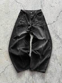 EVRINFINITE Justice Brother 1件装做旧直筒牛仔裤，饰有弯刀和猫须图案，休闲宽松版型 - 深灰色 - 查看 1