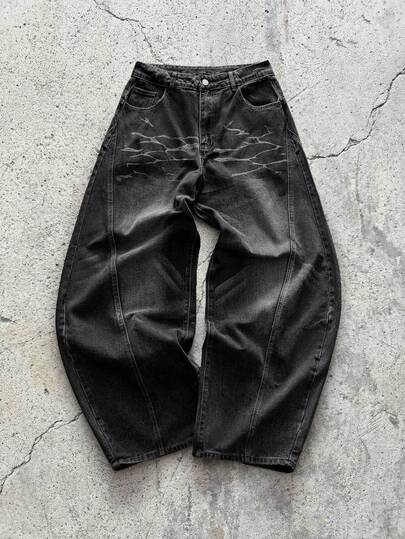 EVRINFINITE Justice Brother 1件装做旧直筒牛仔裤，饰有弯刀和猫须图案，休闲宽松版型