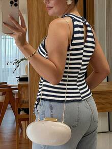 Vionelle 大码女士优雅法式休闲条纹印花吊带衫 - 藏蓝色 - 查看 2