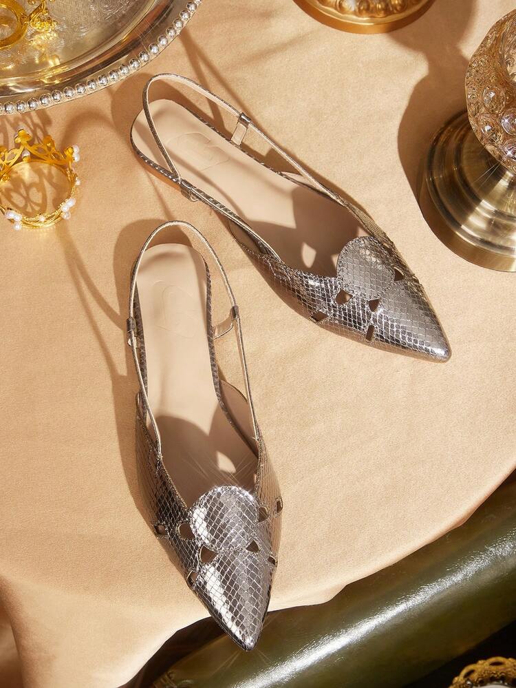 CUCCOO TILAWA Women's Pointed Metal Snake Pattern Computer Car Line Splicing Daily Travel Casual Versatile Fashion Slingback Flat Shoes