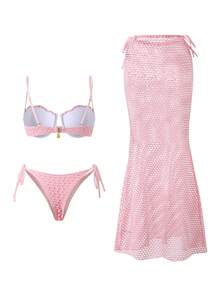 Swim Oasis Solid Color Shell Hard Cup Mesh Bikini Swimwear Set For Women - Pink - View 9