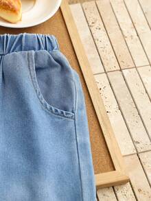 男童休闲通勤牛仔衬衫套装，带翻盖口袋，搭配锥形牛仔裤，春夏秋季款 - 淺色水洗藍 - 查看 5