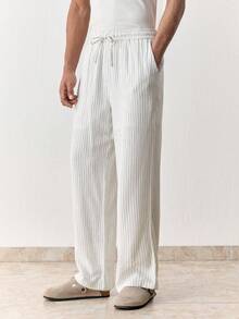 SWAVVY Pantalones casuales de hombre con cordón en la cintura, bolsillos en diagonal y rayas - Blanco - Ver 4