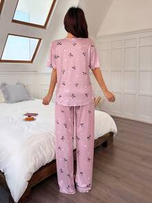 Dream Adore 粉色荷叶边蝴蝶结印花女士睡衣套装 - 粉色 - 查看 2
