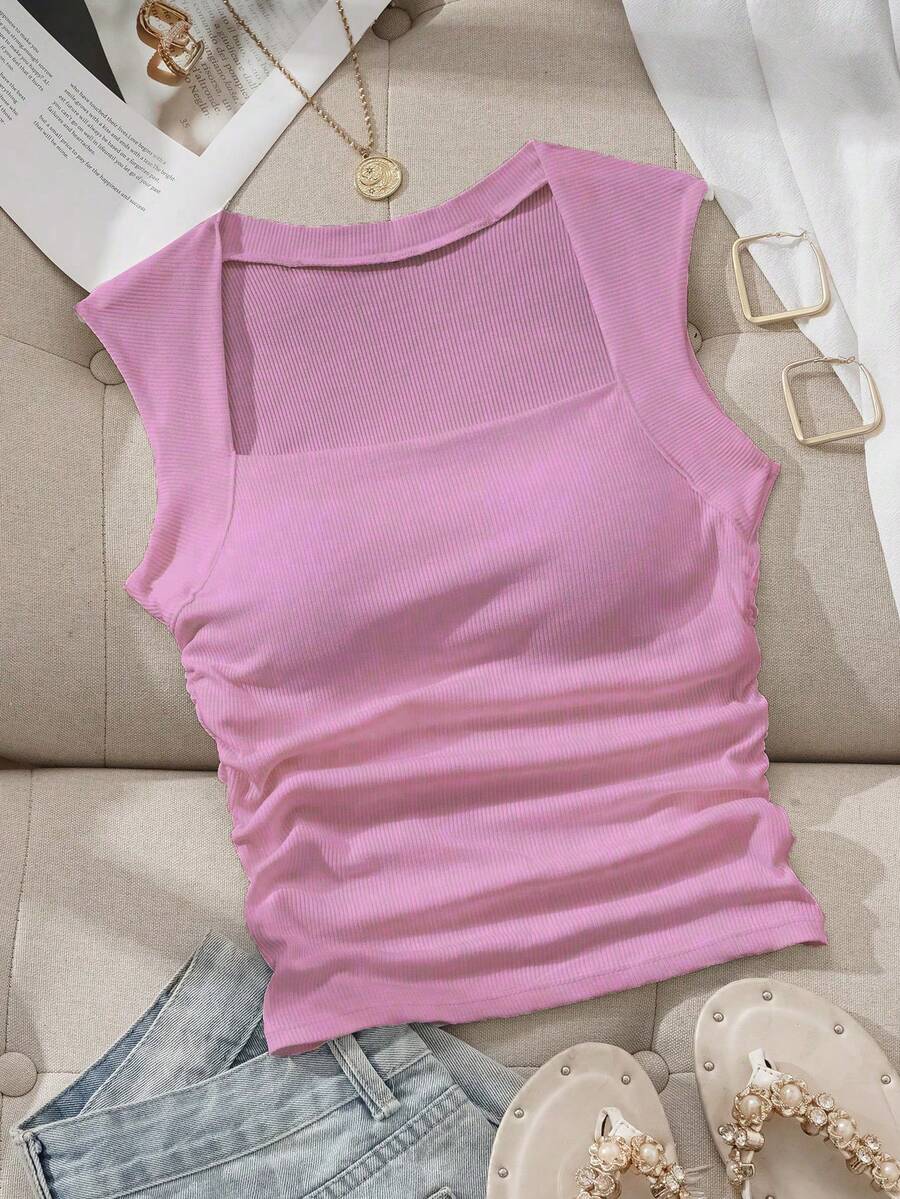 SHEIN EZwear Square Neck Ruched Waist Padded Bra-Free Camisole - Purple - View 1