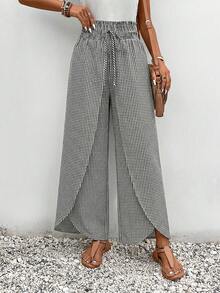 SHEIN Frenchy Quần ống rộng dáng suông, cạp chun, vạt chéo, họa tiết in toàn thân, thắt nút. - Đen và trắng - Xem 4