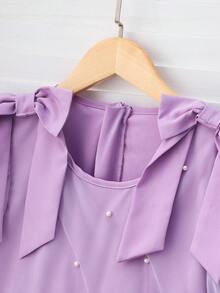 SHEIN 女童藍色優雅公主洋裝，白色，夏季，端莊，珍珠裝飾，野餐雪紡泡泡袖蝴蝶結荷葉邊裙，適用生日派對、花童、鋼琴演奏會 - 紫色 - 查看 4