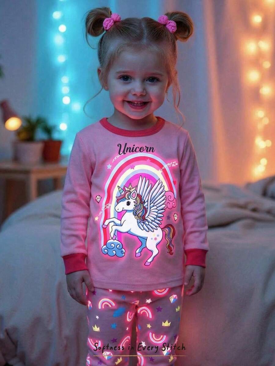 Cozy Pixies Bộ đồ ngủ ôm sát cho bé gái, họa tiết kỳ lân hoạt hình dễ thương phát sáng trong bóng tối, áo tay ngắn cổ tròn bằng vải dệt kim mềm mại và quần legging cạp chun, 2 món. - Hồng - Xem 1