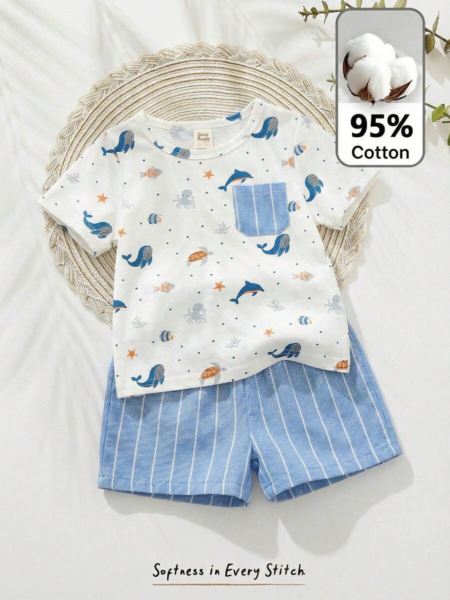 Cozy Pixies 2件套男婴卡通动物印花柔软针织POLO领短袖上衣和松紧腰短裤套装 - 彩色 - 查看 1