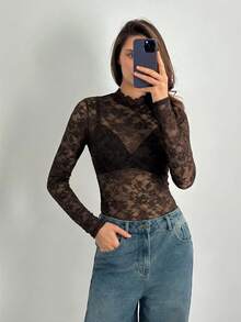 SHEIN Tall 时尚性感透视蕾丝长袖连体衣 - 棕色 - 查看 3