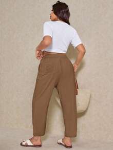 Elaquor Plus Size Women Casual Pants With Eye Embroidery Pockets - Camel - View 4