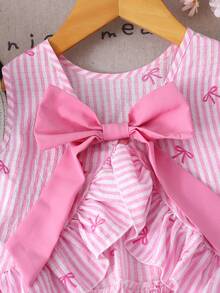 Young Girl Summer Vacation Chiffon Pink Striped Bow Decor Round Neck Casual Camisole And Long Pants 2-Piece Set - Pink - View 3