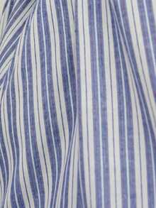 Nöista Elegant Blue And White Stripe Blouse,Mandarin Collar Long Puff Sleeves With Smocked Frill Cuffs,Front Ruffle Trim Vintage Top For Autumn Brunch - Blue and White - View 6
