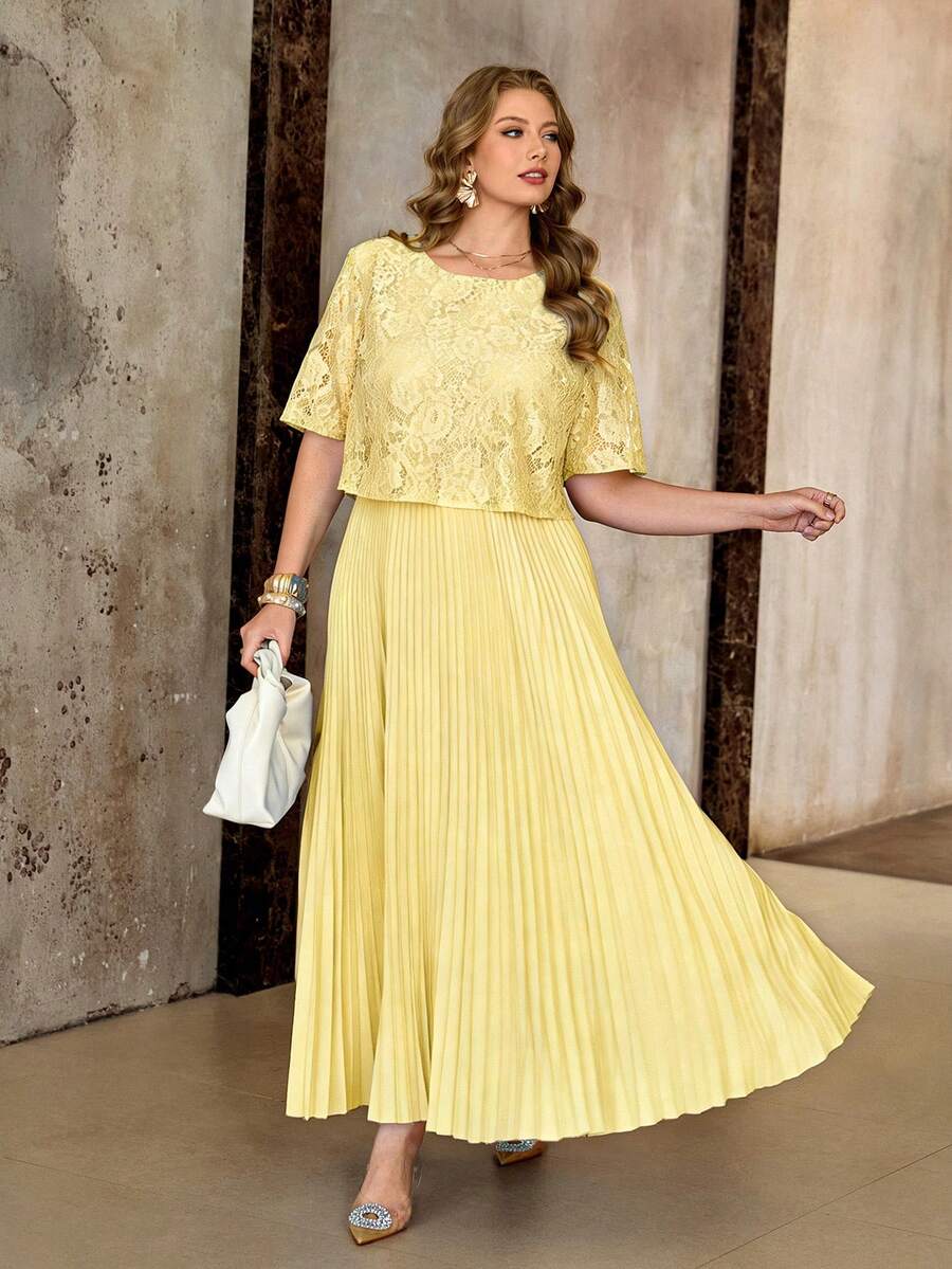 大码女装春夏新款婚礼宾客浪漫连衣裙，新娘礼服，晚礼服，正式女士礼服，优雅蕾丝拼接连衣裙，宽松长裙 - 淡黃色 - 查看 1