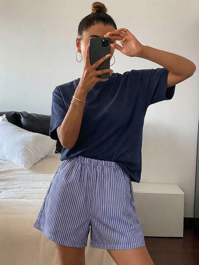 DAZY Minimalist T-Shirt Top And Striped Shorts Loungewear Set Pajama