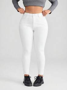 SHEIN ICON 大码黑色弹力修身七分牛仔裤 - 白色 - 查看 7