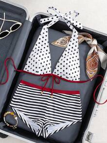 Swim Mod Plus Size Women's Summer Beach Polka Dot Halter Tie Sexy Bikini And Shorts Two-Piece Swimwear Set - Multicolor - View 2