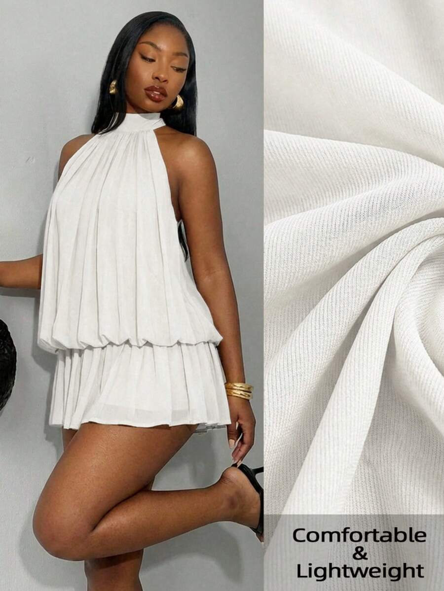 SHEIN SXY Đầm cổ yếm màu trơn xếp nếp viền gấu dành cho nữ cỡ lớn - trắng - Xem 1