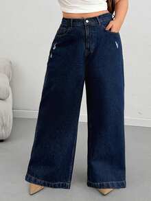 SHEIN Cottnline Women High-Rise Brown Wide Leg Plus Size Destroyed Detail Denim Jeans Spring - Dark Wash - View 1