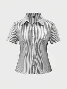 Zavorell Áo sơ mi nữ ChicEase kiểu Pháp dáng ôm, kẻ sọc vàng trắng, tay ngắn, thanh lịch, thích hợp mặc công sở. - màu đen - Xem 8