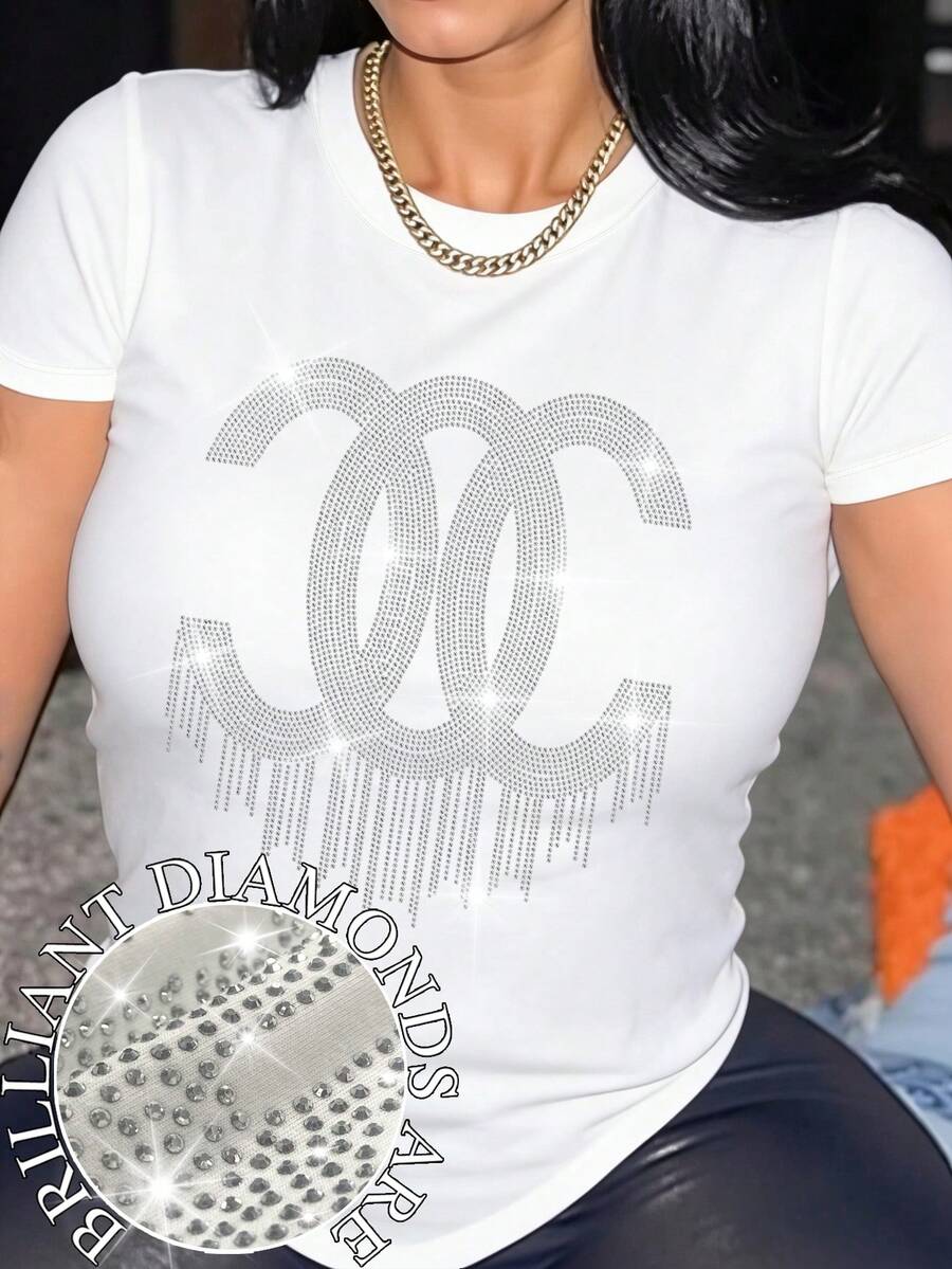 EMERY ROSE Women's Slogan Rhinestone Short Sleeve T-Shirt Hot Diamond Tees Women Tops - White - View 1
