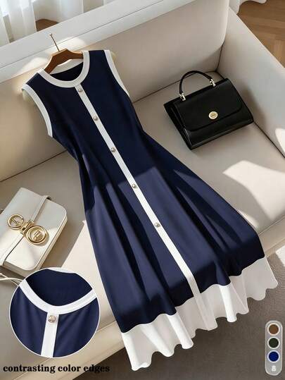 SHEIN Navy & White Sleeveless Waist Cinched Plus Size Dress For Summer