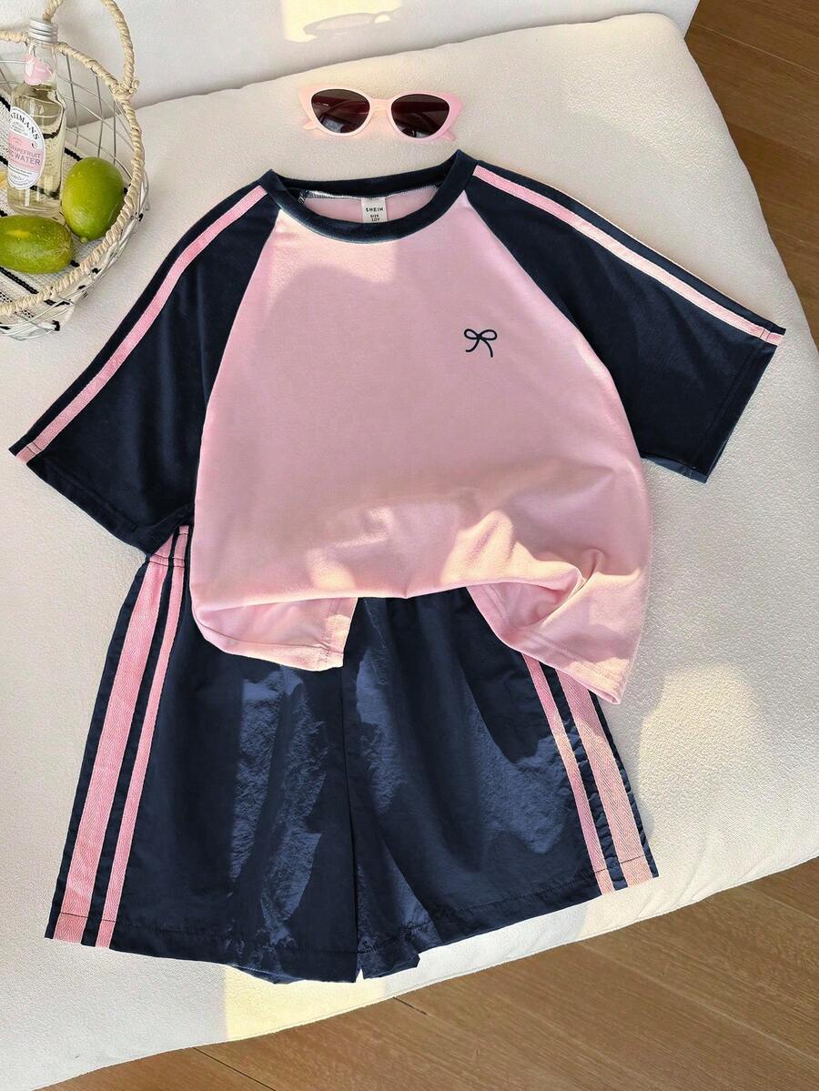 Elladie kids 少女撞色短袖T恤短裤套装,运动风,粉色和深绿色,宽松贴身设计,轻薄面料,适合日常穿着、休闲运动或搭配。 - 藍色 - 查看 1