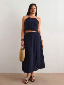 Freevana Plus Size Summer Boho Navy Blue Holiday Vacation 2 Pieces Set, Women's Polka Dot Strappy Off-Shoulder Cropped Top&High Slit Skirt Brunch Outfits Dresses - Royal Blue - View 6