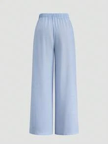 Sweetra Bộ đồ nữ 2 món: Áo hai dây hở lưng in họa tiết kẻ sọc và quần ống rộng có dây rút, kiểu dáng thường ngày. - Xanh và trắng - Xem 6