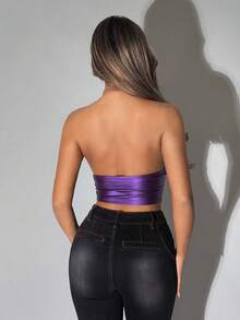 SHEIN ICON Women's Contrast Lace Hollow Out Halter Cropped Tank Top - Purple - View 2