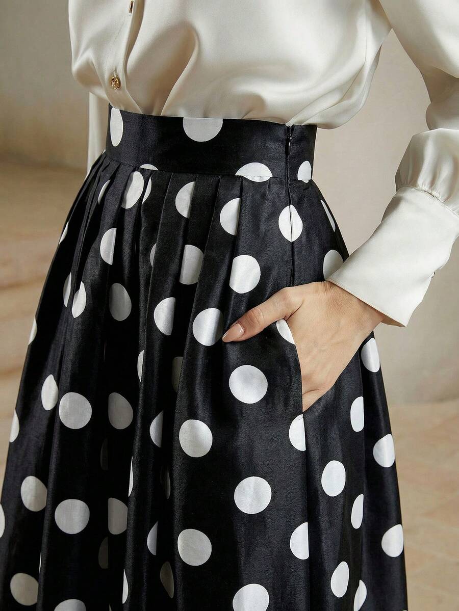 Anewsta Falda de línea A elegante de fiesta de vacaciones con lunares clásicos de verano para mujeres - Negro - Ver 1