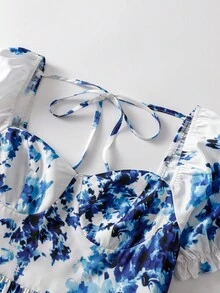GlowEve 女士极简印花短袖系带连衣裙 - 藍白色 - 查看 7