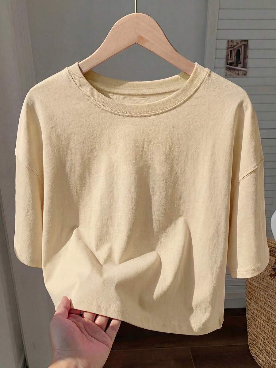 Comfortcana Áo thun nữ tay ngắn cổ tròn màu kaki, kiểu dáng thường ngày, thích hợp cho mùa hè. - Màu Khaki - Xem 1