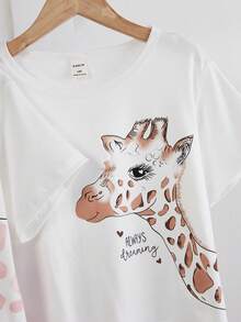 Girls Cute Giraffe & Cow Print Short Sleeve Shorts Pajama Set - Multicolor - View 6