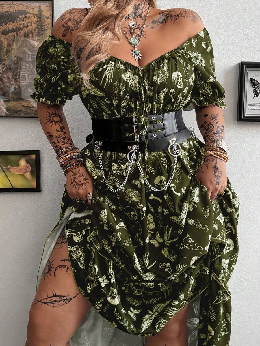 Whyspr Plus Size Women's Off-Shoulder Floral Print Fashion Date Night Dress - Army Green - View 1