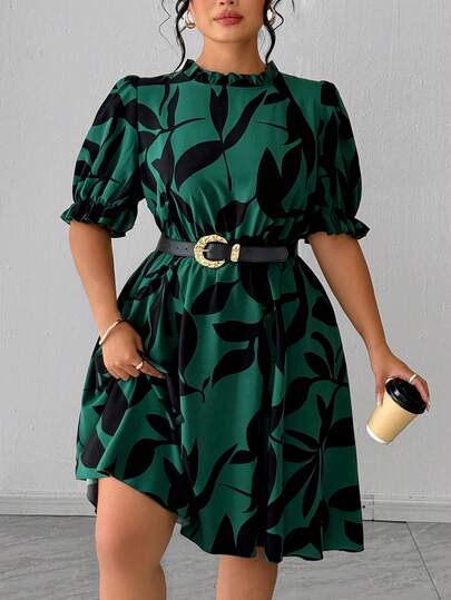 Elenzga Plus Size Women's Elegant Dark Green Leaf Print Short Sleeve A-Line Mini Dress With Ruffle Hem, Scoop Neck, Soft Fabric, Spaghetti Strap, Suitable For Summer, Vacation, Graduation, Valentine's Day, Music Festival, Mother's Day, Halloween, Thanksgiving, Easter, National Day, Prom, Date, Wedding, Outdoor Activities