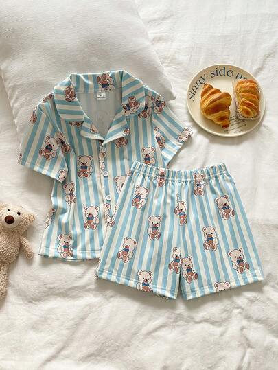 夏季柔软舒适男童两件套，可爱卡通熊条纹印花休闲Polo衫和宽松短裤，居家休闲装