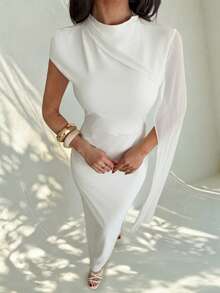 Firerie Vestido largo elegante con drapeado y fruncido, adecuado para uso diario, fiestas, invitados de boda - Blanco - Ver 6