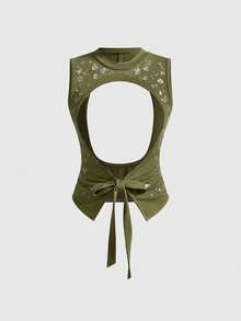 ROMWE Top corto con recortes, nudo delantero y detalles de lentejuelas sexy estilo Y2K para mujeres - Verde - Ver 3