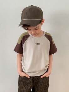 DAZY Áo thun dài tay cổ tròn phối màu đa năng, kiểu dáng thường ngày, dành cho bé trai (size nhỏ) - Màu Khaki - Xem 3
