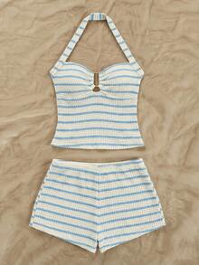 Soleia Bộ đồ nữ kẻ sọc cổ yếm gồm áo tank top và quần short, kiểu dáng thường ngày. - Xanh và trắng - Xem 4