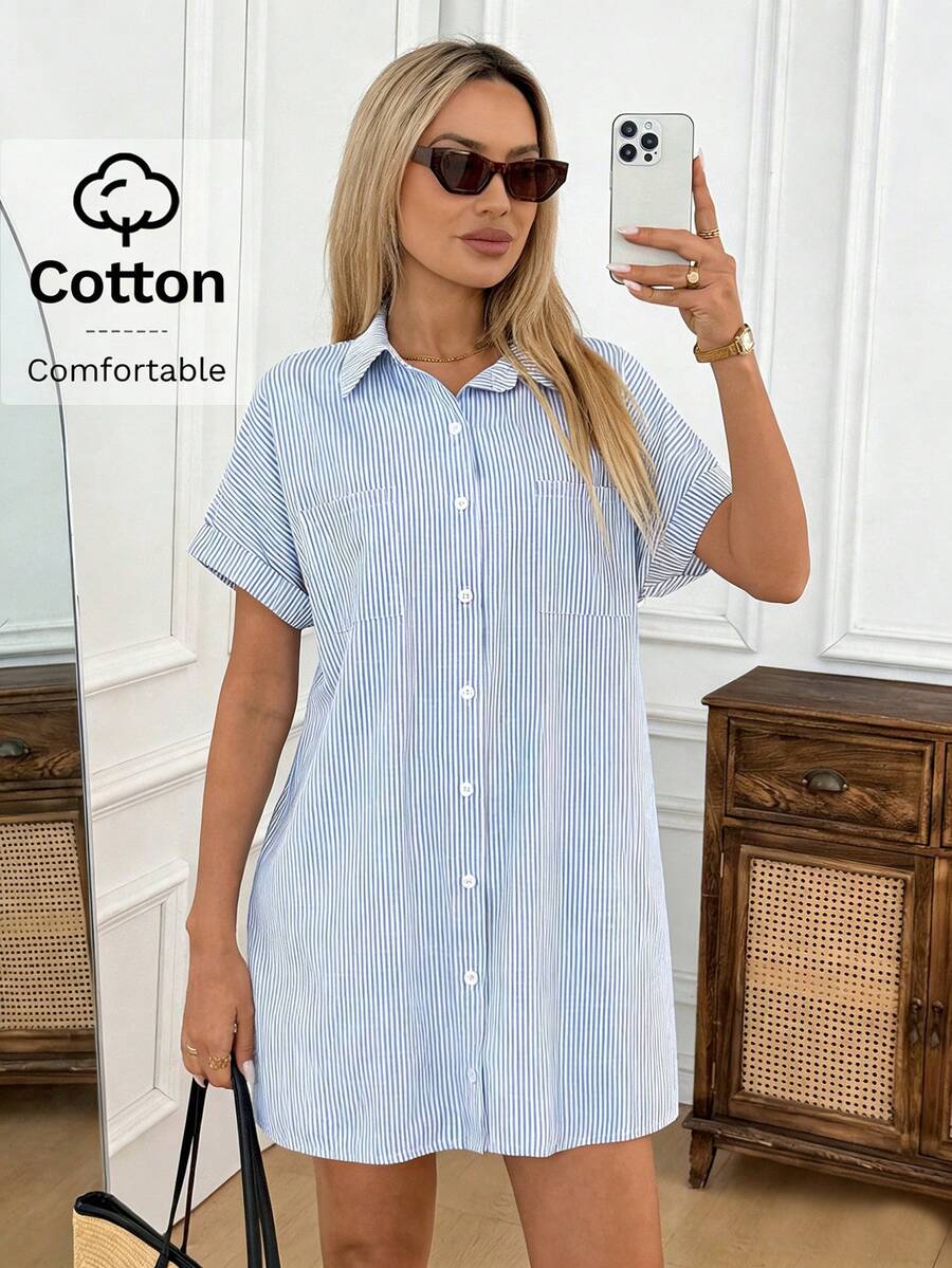SHEIN LUNE Đầm ngắn cotton kẻ sọc xanh trắng dành cho nữ, kiểu áo sơ mi, thích hợp cho kỳ nghỉ, mặc hàng ngày, trang phục sân bay, mùa xuân/hè. - Nhiều màu - Xem 1