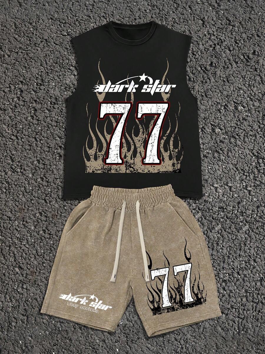 Manfinity EMRG 男士街头风77图案背心短裤套装，夏季宽松两件套 - 彩色 - 查看 1