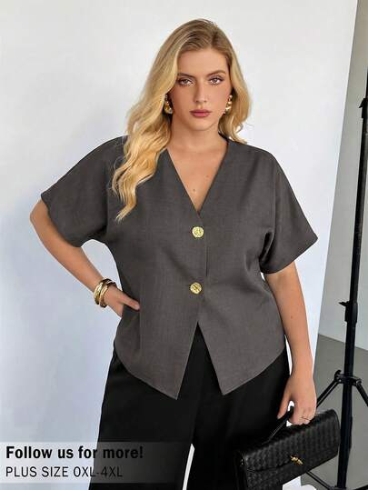 Auralis Plus Size Solid V-Neck Short Sleeve Front Button Minimalist Design Blazer