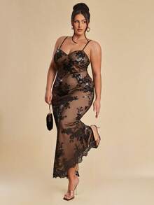 SHEIN BAE Plus Size Women's Elegant Black Summer Floral Sequin Maxi Dress,Sheer Mesh Lace Spaghetti Strap Evening Gown,Night Out Club Party Special Occasion - Black - View 1