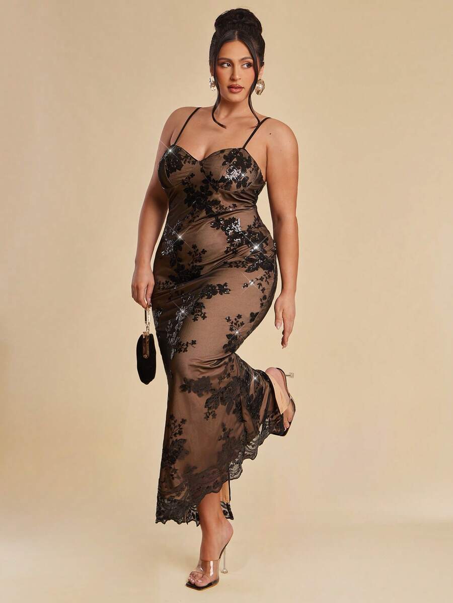 SHEIN BAE Plus Size Women's Elegant Black Summer Floral Sequin Maxi Dress,Sheer Mesh Lace Spaghetti Strap Evening Gown,Night Out Club Party Special Occasion - Black - View 1