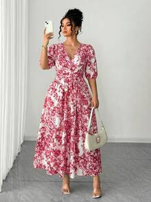 SHEIN Elenzya Plus Size Women Summer Vacation Casual V-Neck Petal Sleeve Waist Cinched Flared Dress Fall - Rose Red - View 4