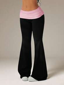 SHEIN PETITE Contrast Color Fold Waist Flare Pants - Black - View 4