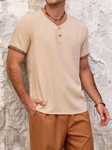 VENTUSAIL 男士休闲棉麻T恤，夏季款 - 杏色 - 查看 7